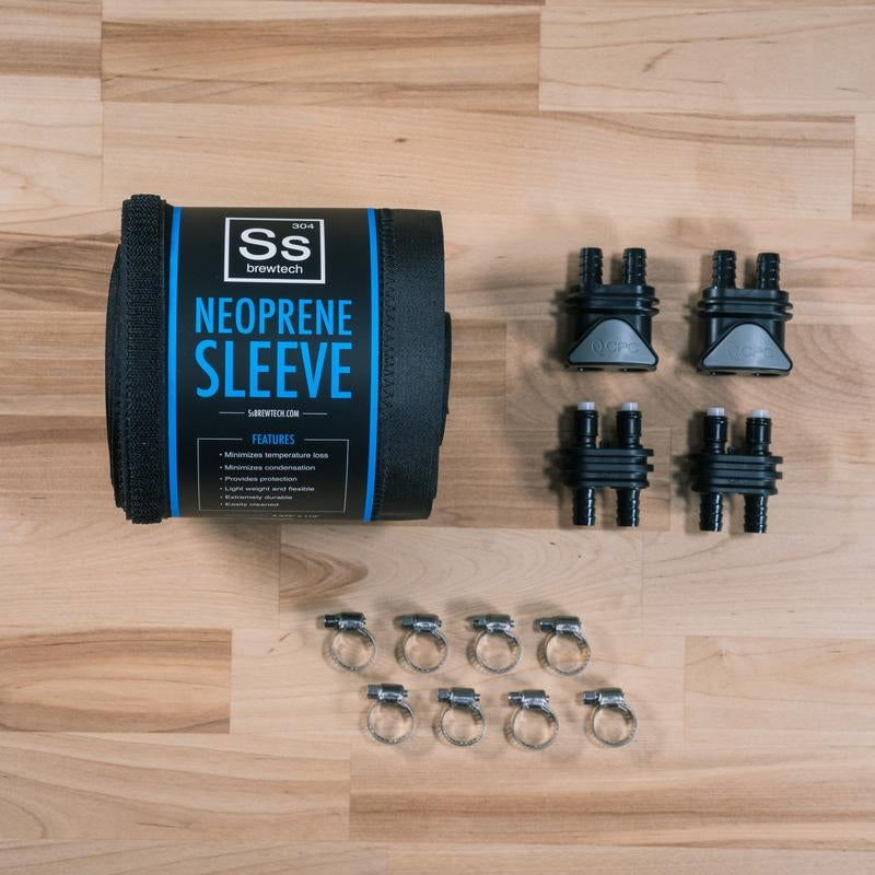 FTSS Two Quick Disconnect Kit fra Ss Brewtech inneholder fire plastkoblinger og to doble koblinger, pluss åtte slangeklemmer i metall - perfekt for oppsett av fermenteringskjølespiralen.