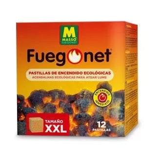 Fuegonet Firestarter XXL 12 stk | Opptenningsbriketter til grill, peis og vedovn. Boksen har et bilde av brennende kull på emballasjen.
