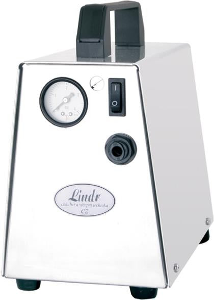 Lindr VK 30-enheten i rustfritt stål har trykkmåler, strømbryter, munnstykke foran og svart håndtak på toppen - ideelt for bruk med Lindr luftkompressor VK 30 for effektiv ytelse.
