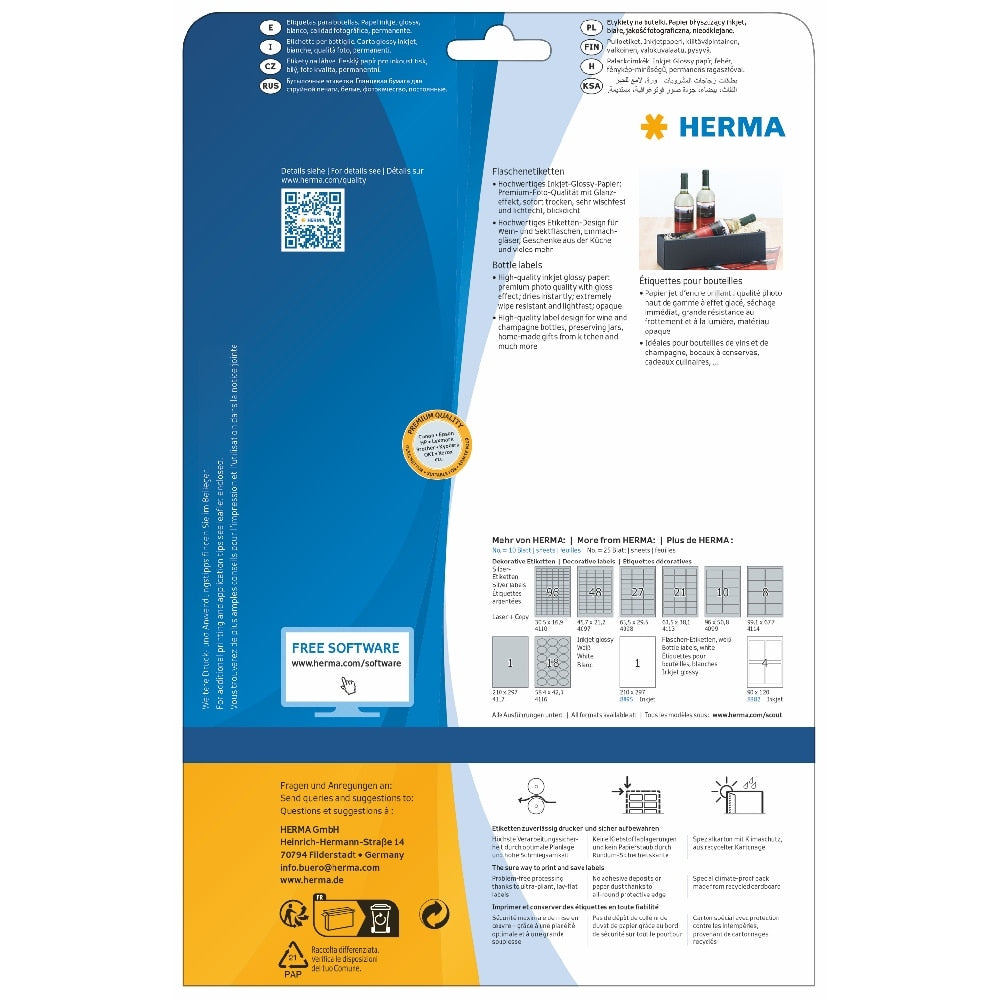 Baksiden av en Herma flaske etiketter 90 x 120 mm-pakke viser produktinformasjon, bruksanvisninger, en lenke til nedlasting av programvare, diagrammer og flerspråklige kontakter - perfekt for merking av flasker eller til hjemmebrygging.