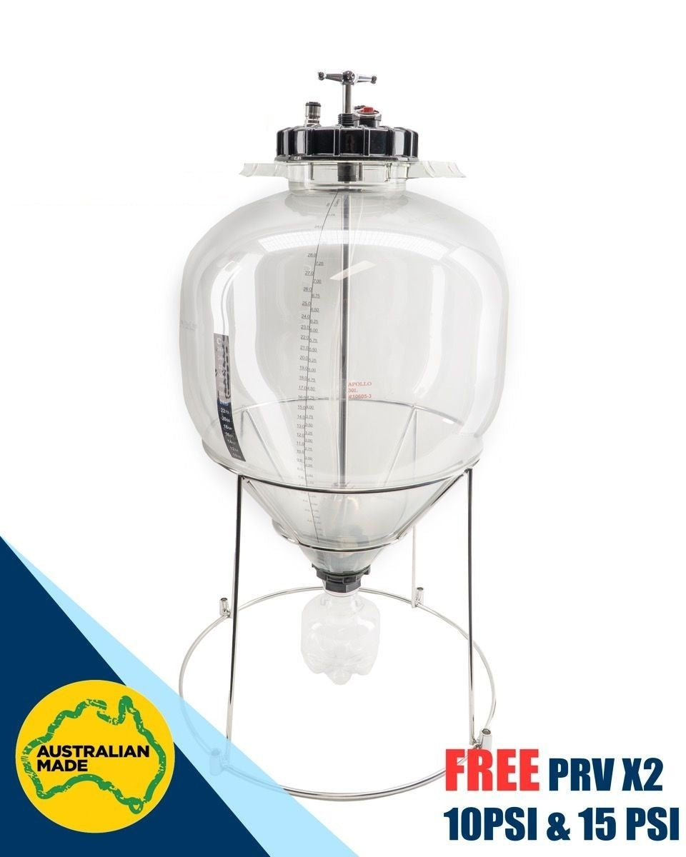 Keg King Apollo 30L Unitank har et klart konisk design, metallstativ, PRV-er (10 og 15 PSI) og volumangivelser. Inkluderer Australian Made-merke og tilbud om to gratis PRV-er - ideelt for trykkgjæring.