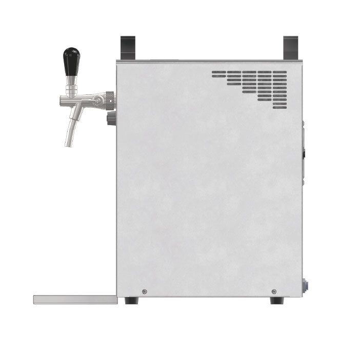 Lindr KONTAKT 40/K NEW Profi Green Line Tappetårn med kompressor ølkjøler fra Lindr, sett fra siden, med karosseri i rustfritt stål, svart kranhåndtak og dryppbrett i bunnen.