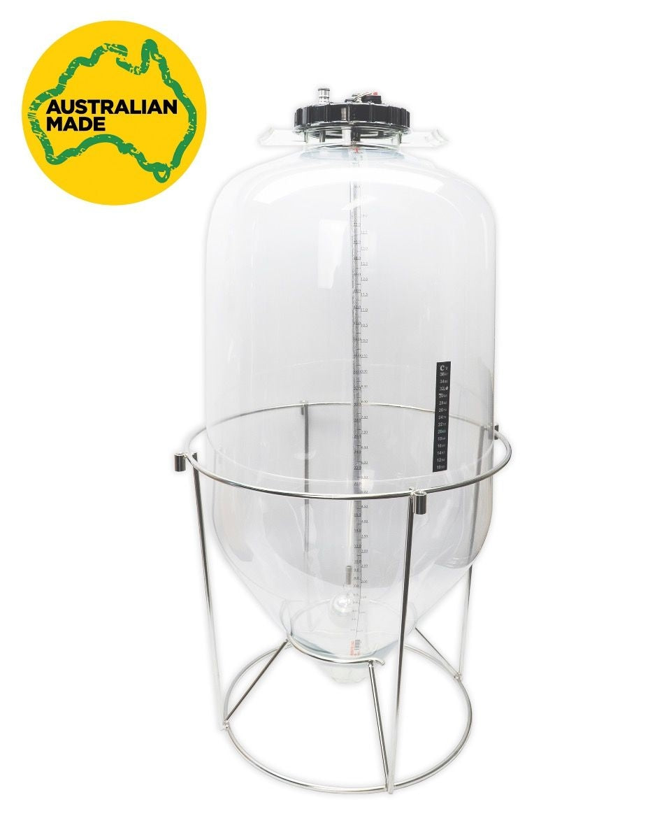 Apollo 60L Snub Nose trykktank fra Keg King har tydelige målmarkeringer, inkluderer et metallstativ og har "Australian Made"-logoen. Ideell for trykkgjæring.
