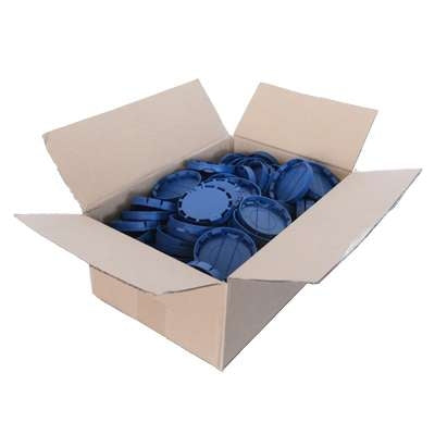 Åpen pappeske som inneholder 120 blå KeyKeg Snap Caps (KeyKeg Snap Caps Blå - 120stk).