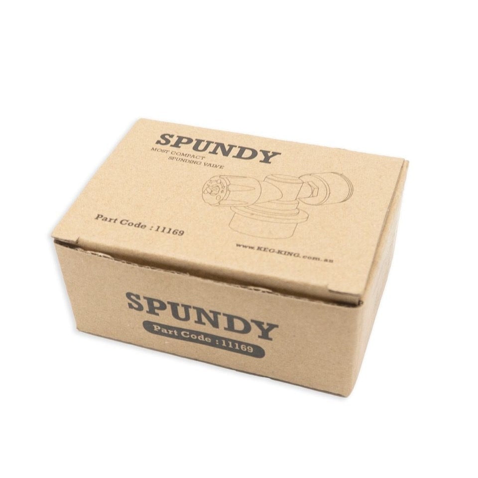 En brun pappeske merket "Spundy - Compact Spunding Valve - Keg King" med produktillustrasjon, delekode 11169 og Keg King-merkevare - ideell for hjemmebrygging - trykt på toppen og siden.