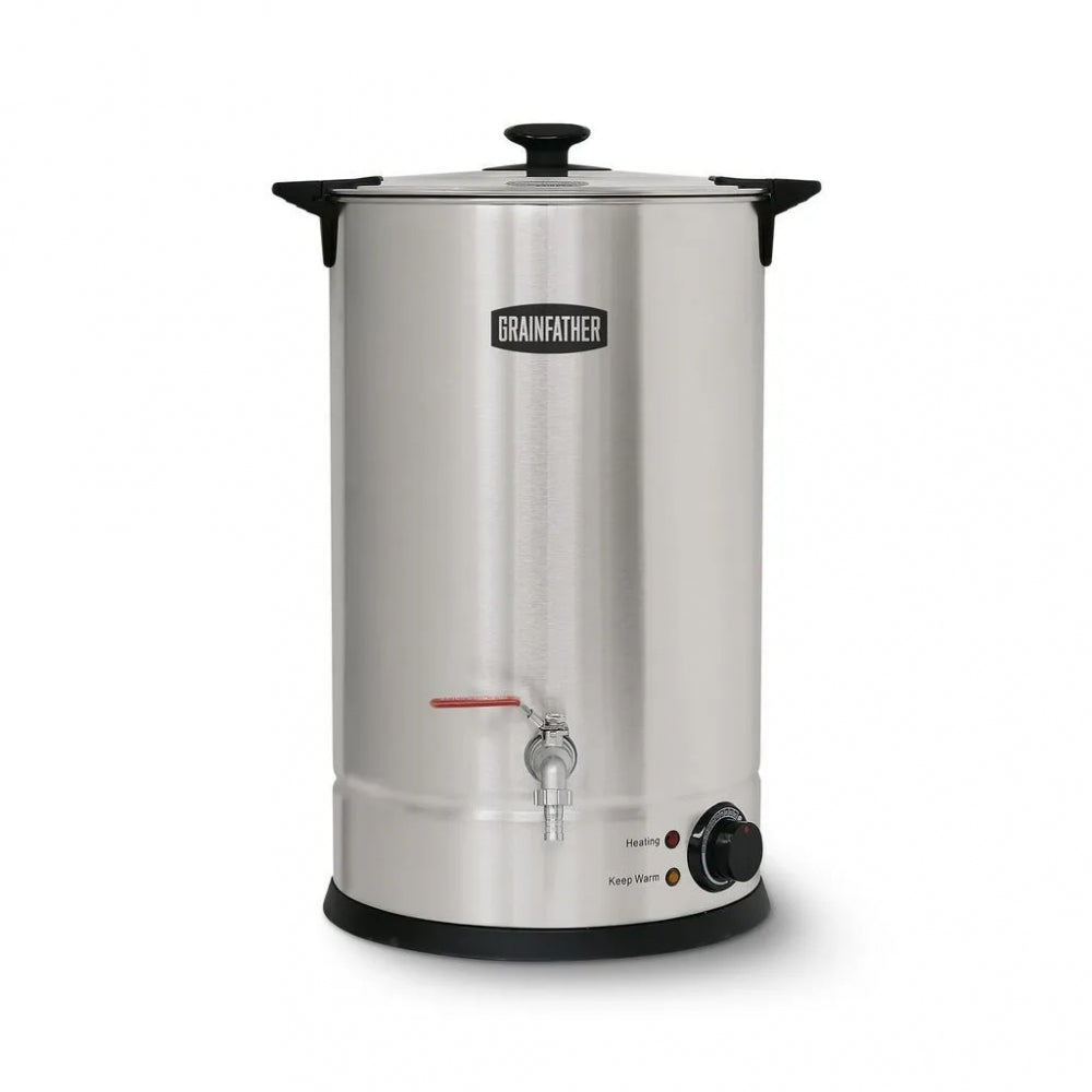Grainfather Sparge Water Heater 25L - vannkoker tilbyr presis temperaturkontroll for dine bryggebehov med sin elegante design i sølv og svart.