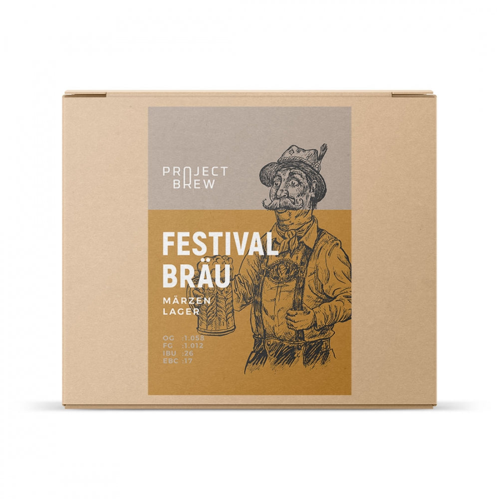 En pappeske merket "Festival Bräu - Märzen Lager - allgrain ølsett" fra Project Brew viser en mann i tradisjonelt antrekk med en ølkanne, ideell for å brygge din egen Oktoberfestbier.