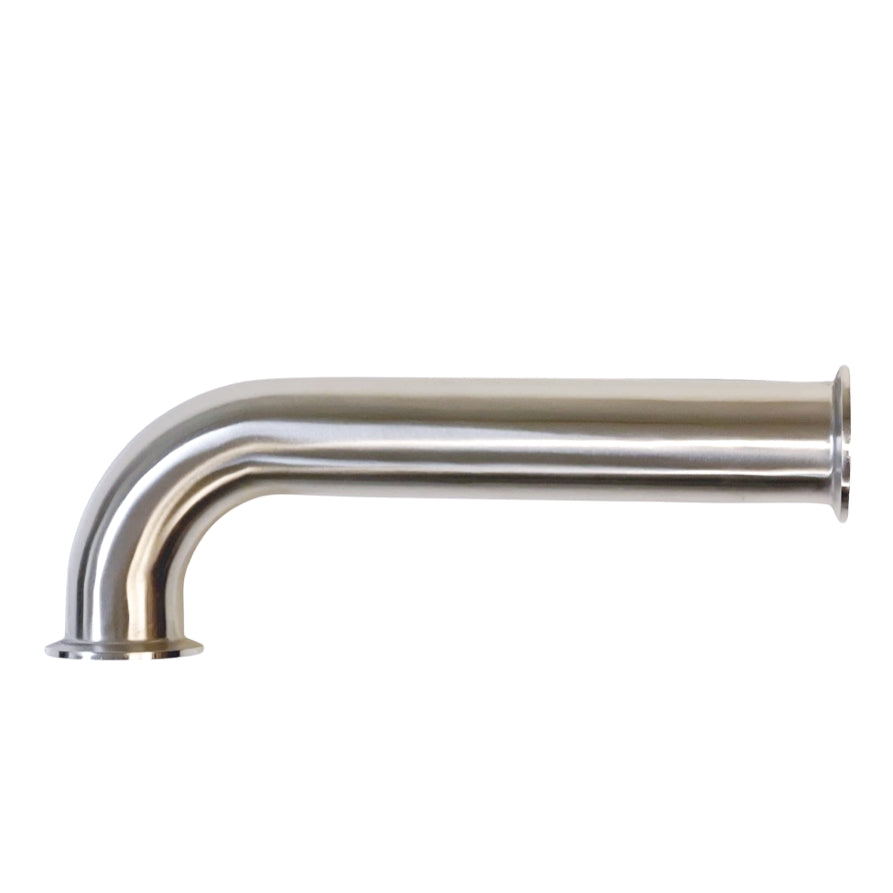 Brewshop 1,5" Tri-Clamp 25cm lang albue 90 grader - 38mm rør, laget av 304 rustfritt stål, vises mot en hvit bakgrunn.