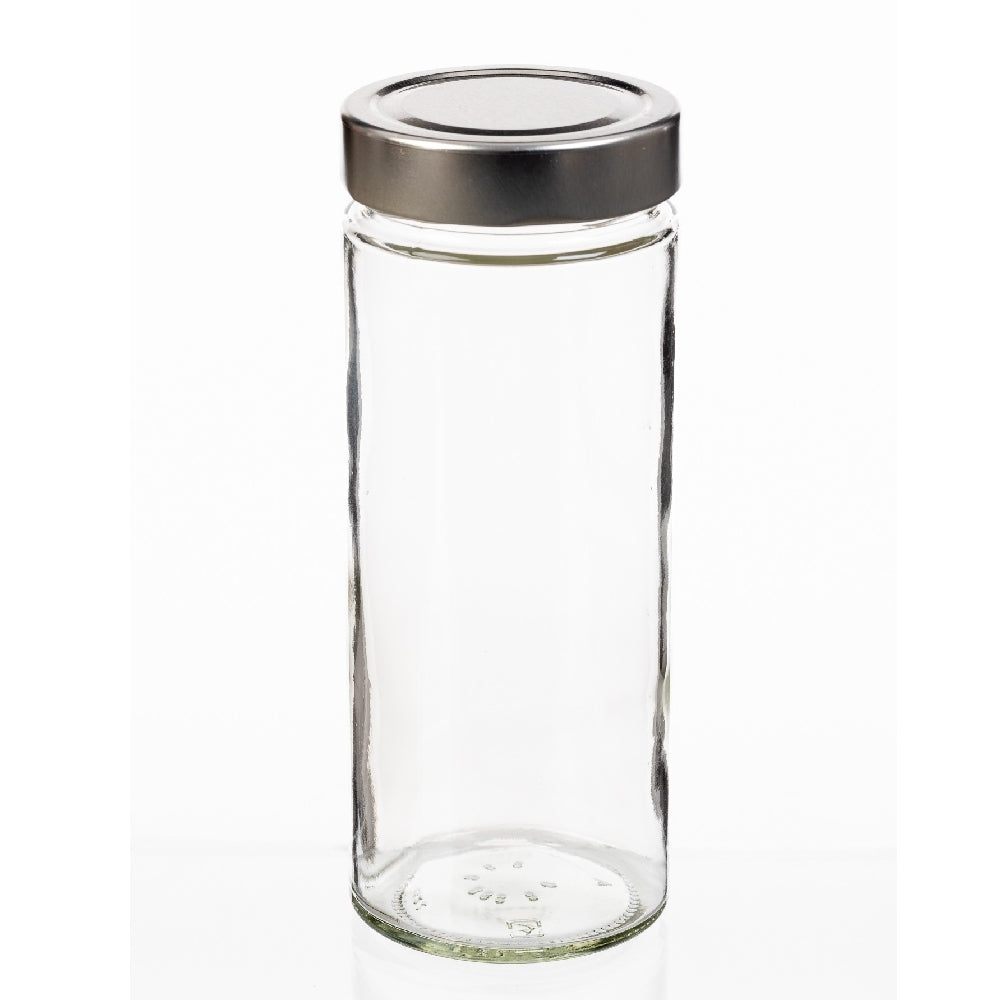 Enolandia 580 ml konserveringsglass har en klar glasskropp og et skrukork i metall, ideelt for matoppbevaring, og er vist stående oppreist mot en vanlig hvit bakgrunn.