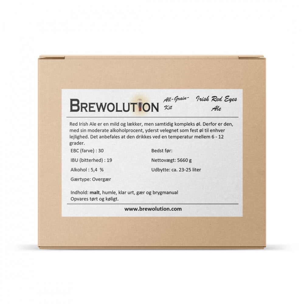 En pappeske merket Brewolution Irish Red Eyes Ale - allgrain ølsett med produktinformasjon og bryggeinstruksjoner på forsiden; det perfekte allgrain-ølsettet for hjemmebryggere.