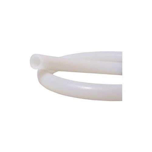 Nærbilde av Deutsch & Neumann Silikonslange 4 mm, en gjennomsiktig silikontube med et hulrom i midten, opprullet og vist på en vanlig hvit bakgrunn.