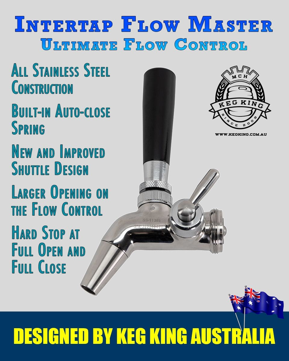 Intertap Flow Master - tappekran med flow control fra Keg King har sort håndtak, rund hendel og teksten "Designed by Keg King Australia" nederst.