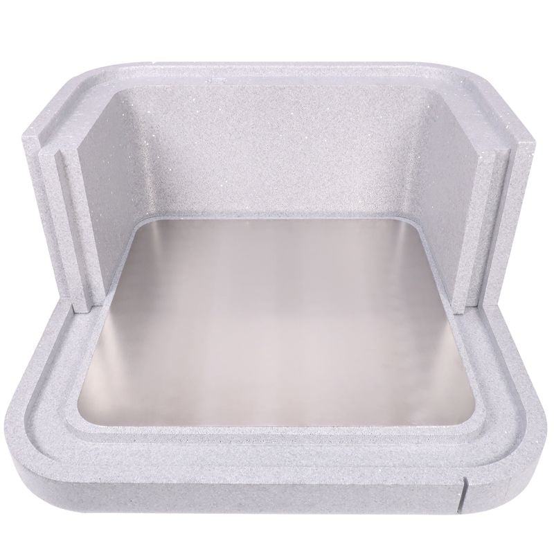En grå rektangulær Fercubator/Ferminator bunnplate rustfritt stål fra Brewolution, med høye sider og en reflekterende base i rustfritt stål, sett ovenfra.