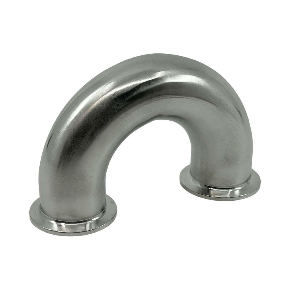 En Brewshop 1,5" Tri-Clamp albue 180 grader for 38mm rør i rustfritt stål er vist mot en hvit bakgrunn.