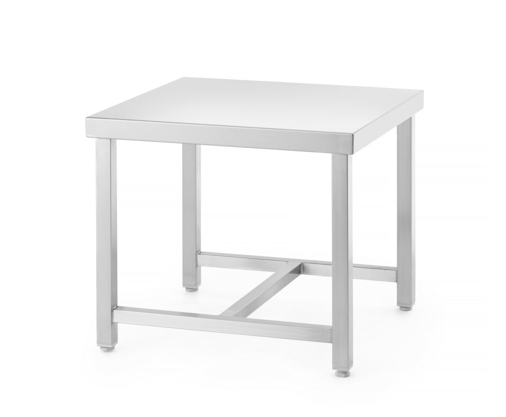Hendi Bord av rustfritt stål (550 x 550 x 450(h)) er fotografert på en hvit bakgrunn, og har en flat topp og solide tverrstagben - perfekt som arbeidsbord kjøkken med sin robuste, hygieniske design.