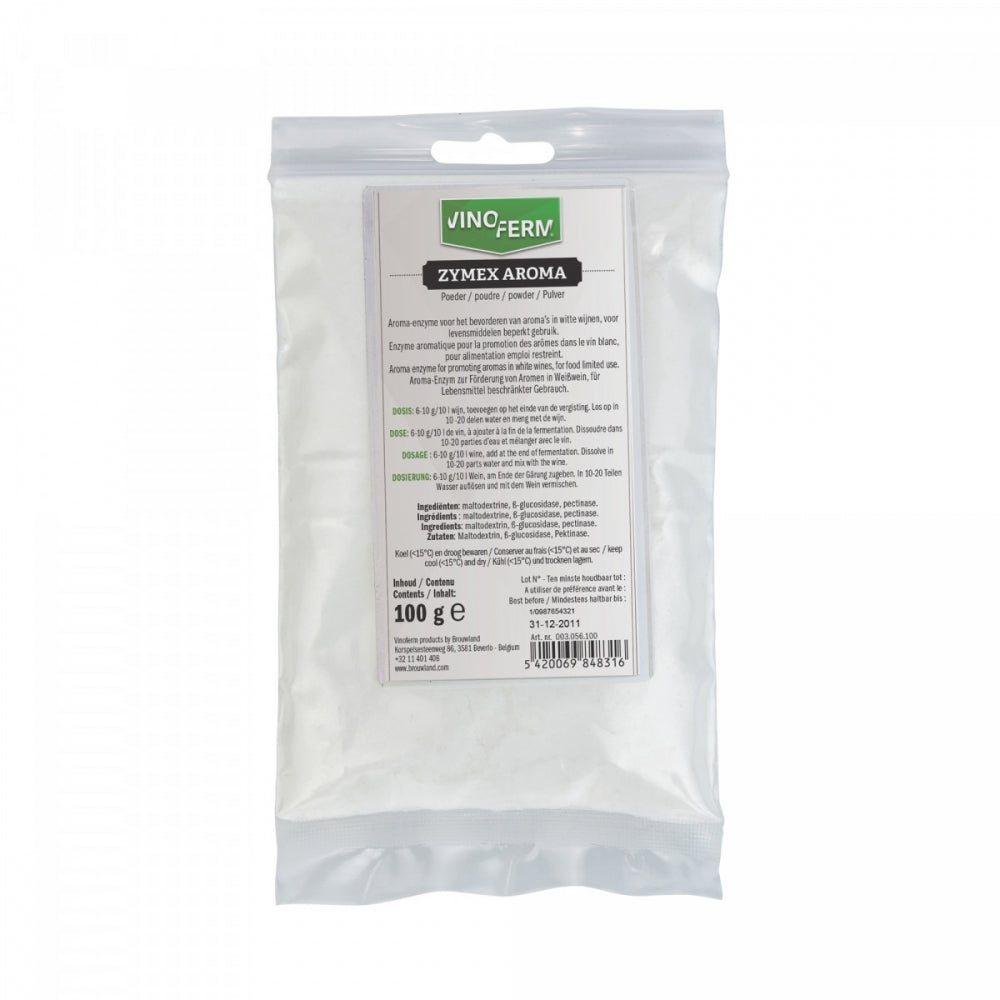 En forseglet 100 g pose med Vinoferm Pektinase - Enzyme Zymex Aroma, et vinenzym for frigjøring av aroma fra Vinoferm, med produktetikett og flerspråklige instruksjoner.