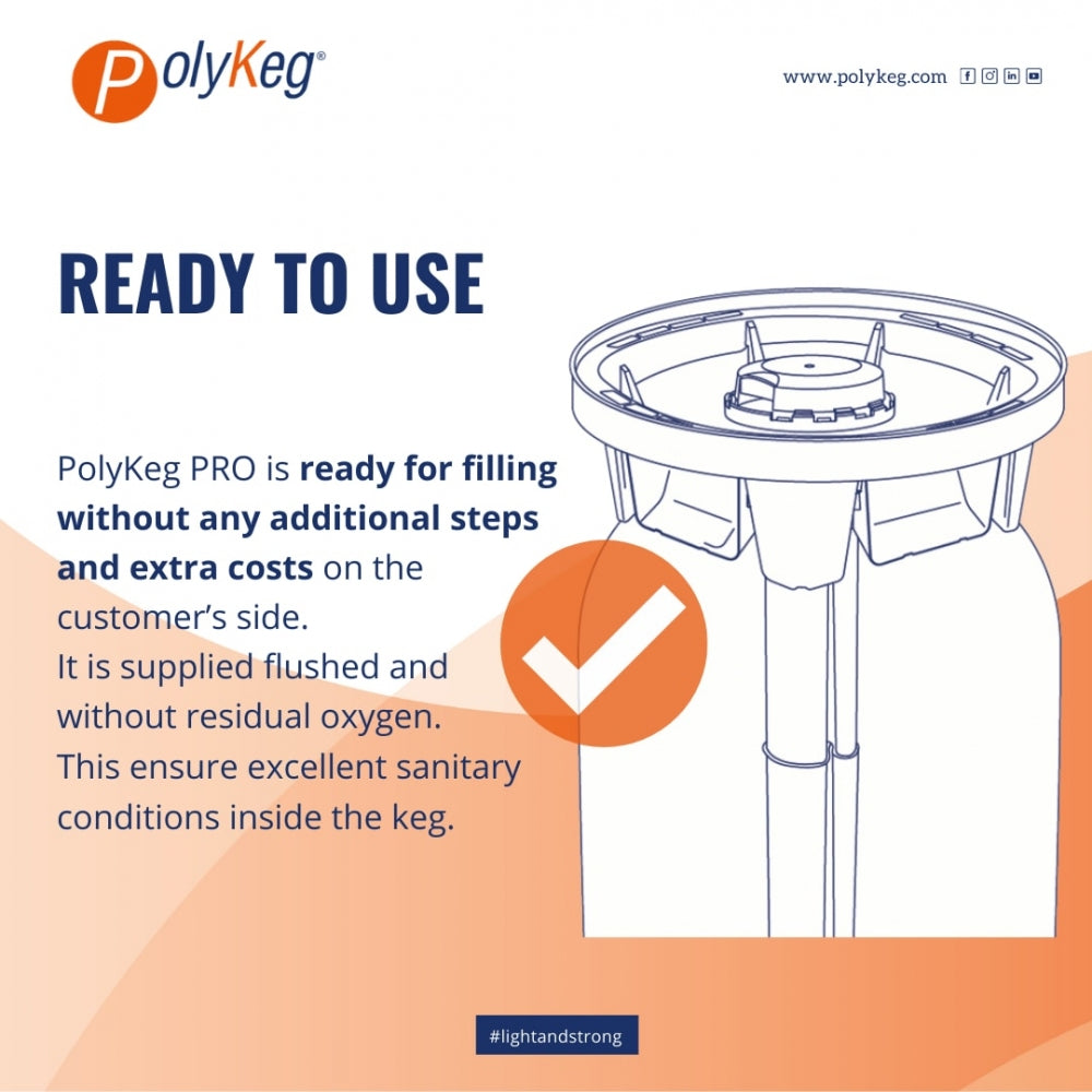 PolyKeg PRO 12L med pose (K Valve) fra PolyKeg: PET engangsfat, spylt for sanitær bruk og oksygenfritt. Klar til bruk, ingen ekstra trinn eller kostnader. Kompatibel med BIK-systemet. Leveres i en enkelt enhet.