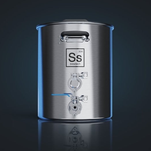 Ss Brewtech Ss TC Brew Kettle 38L (10 gal) har to ventiler, inkludert en tri-clamp porter, med en 304-etikett på forsiden, alt mot en mørk bakgrunn.