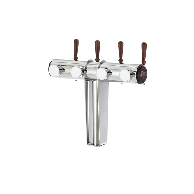 LINDR Naked Cold Bridge 4 Tappetårn, laget av rustfritt stål og utstyrt med fire elegante tappekraner i tre, er avbildet mot en ensfarget hvit bakgrunn. Dette tappetårnet er utstyrt med Cold Bridge-kjøling for å sikre optimal drikketemperatur.