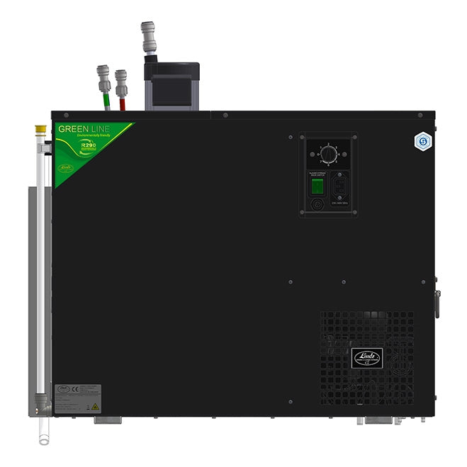 Lindr AS-200 8X Coils NEW Green Line er en svart, industriell vannkjøler med merket kontrollpanel, rør og koblinger, med Lindr-logo - ideell som bar kjølesystem.