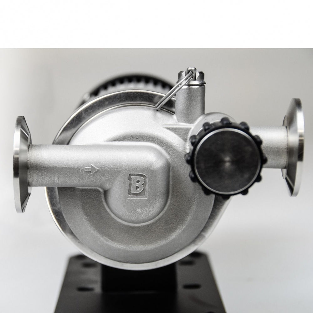 Blichmann Tri-Clamp RipTide Brewing Pump fra Blichmann sett forfra, med et rundt hus i rustfritt stål, to rørtilkoblinger og en svart knott, montert på en perforert metallbase.