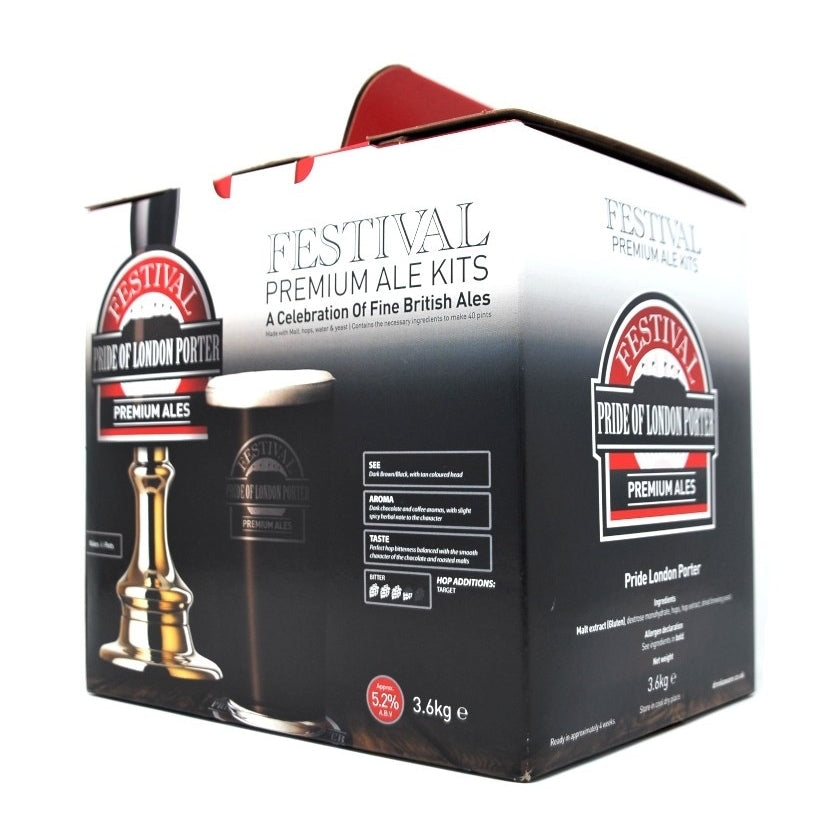 Festival Pride of London Porter 3,6kg Ekstraktsett fra Festival har en emballasje med en ølkran og et glass mørk ale, ideelt for brygging av fyldig, humlet maltekstrakt hjemme.