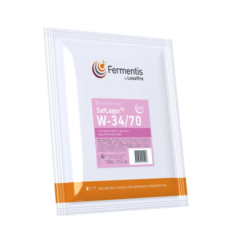 En 100 g pakke med Fermentis SafLager W-34/70-gjær, som er velkjent for gjæring av drikkevarer i bryggeribransjen.