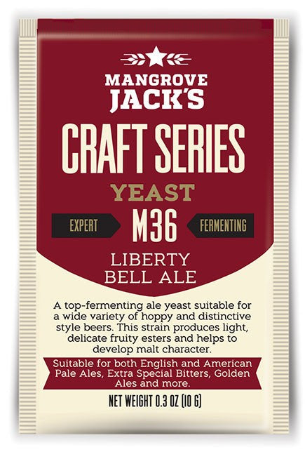 Mangrove Jack's Liberty Bell Ale M36 - 10 g er en overgjærende gjær som er ideell for å lage humlepreget, karakteristisk britisk øl og pale ale. Nettovekt: 10 g (0,3 oz).