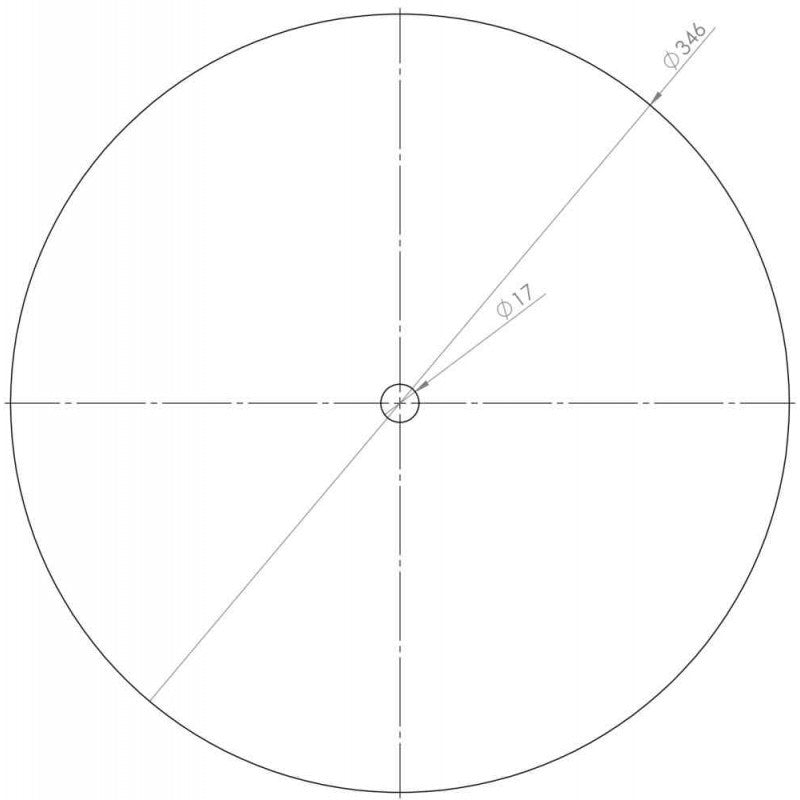 Teknisk tegning i svart-hvitt av en sirkel med en diameter på 346 enheter - designet for BacBrewing Fine Mesh Filter Disc (filterduk) for Speidel BM50 - med en mindre konsentrisk sirkel, begge med midtlinjer.