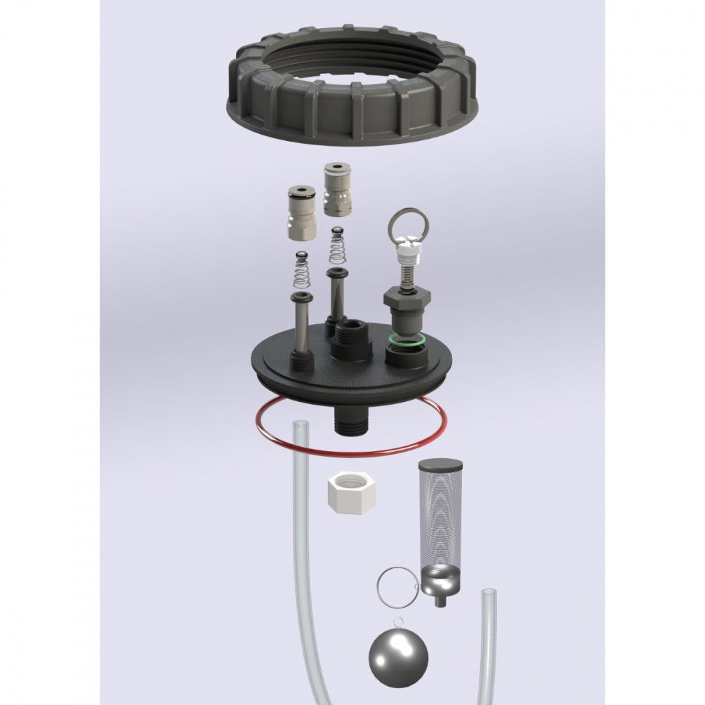 Eksplodert visning av Keg King Chubby Apollo 30L Trykktank & Keg cap for hjemmebrygging, med enkeltdeler - fjærer, tetninger, skruer, O-ring, nettingfilter, slanger, metallkule - vist over en gjæringstank.