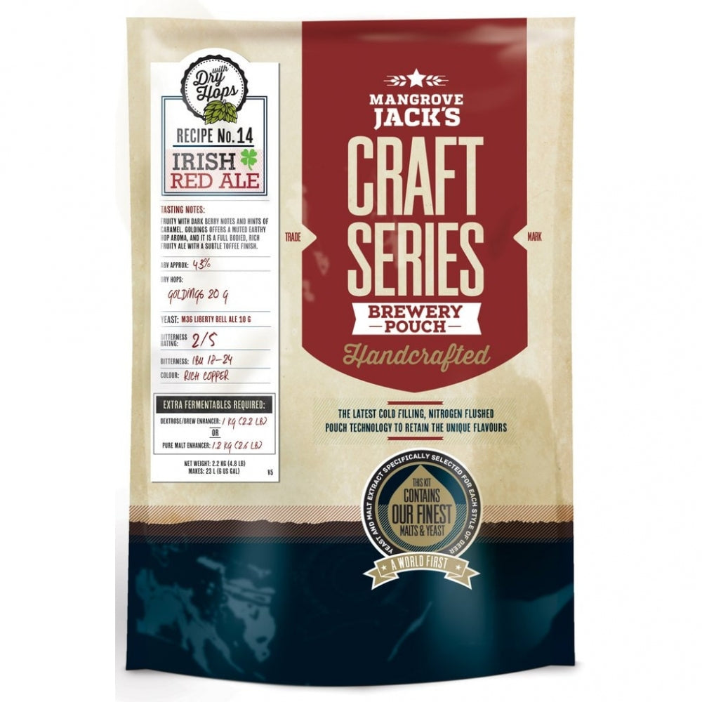 Craft Series Irish Red Ale ekstraktsett 2,2kg fra Mangrove Jacks med maltekstrakt, detaljerte bryggenotater og profilert emballasje.
