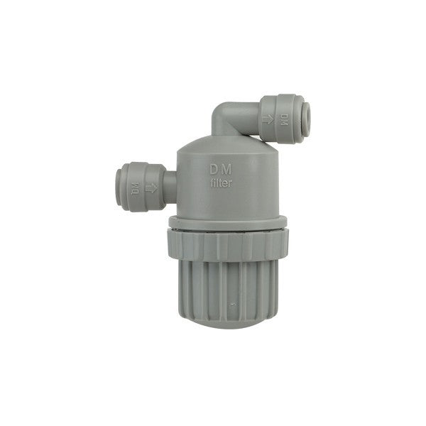 Dmfit 100 Mesh Filter 3/8" har grå plast, næringsmiddelgodkjent konstruksjon, tre 3/8" hurtigkoblingsporter og en riflet base for vannfiltreringssystemer. Vist på hvit bakgrunn.