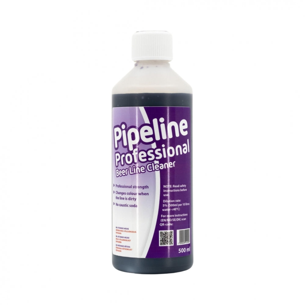 Pipeline Professional 500 ml fra Pipeline har en hvit hette og en lilla etikett med produktdetaljer, bruksanvisning, blandingsforhold og Sikkerhetsdatablad-informasjon.