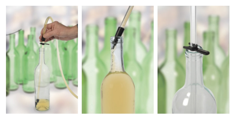 Tre bilder viser en Fermtech Profiller Flaskefyller / Tappestang som fyller en vinflaske blant tomme, grønne flasker, og viser prosessen fra innsetting til vinflyt - ideelt for håndfri tapping.