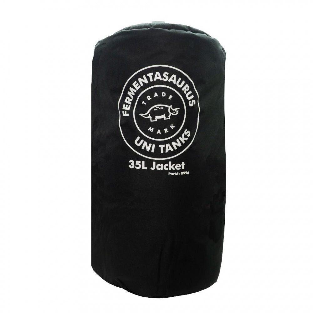 Et svart sylindrisk Keg King Isolasjonskappe til Fermenter King 35L-deksel med FERMENTASAURUS UNI TANKS og dinosaurgrafikk, perfekt som isolasjonsjakke til din 35L Unitank.