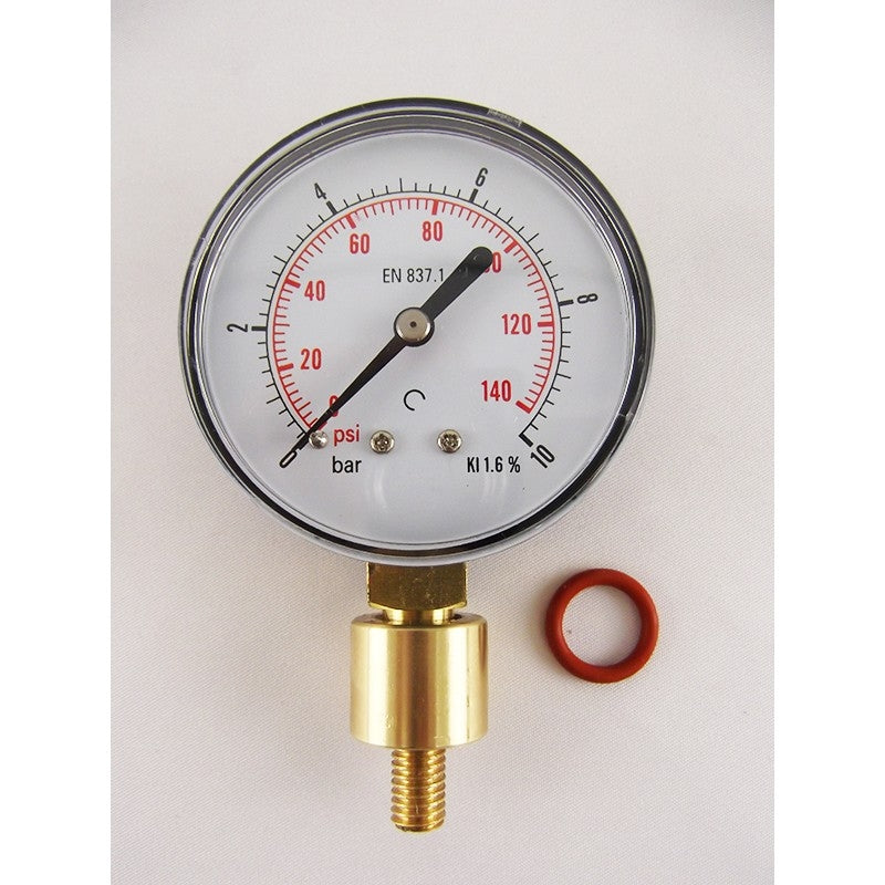 BacBrewing Aphrometer - manometer for flaske 0-10 bar har messingkobling, rød O-ring og tydelige psi/bar-avlesninger på en hvit side - ideelt for overvåking av gjæringstrykk på flaske.