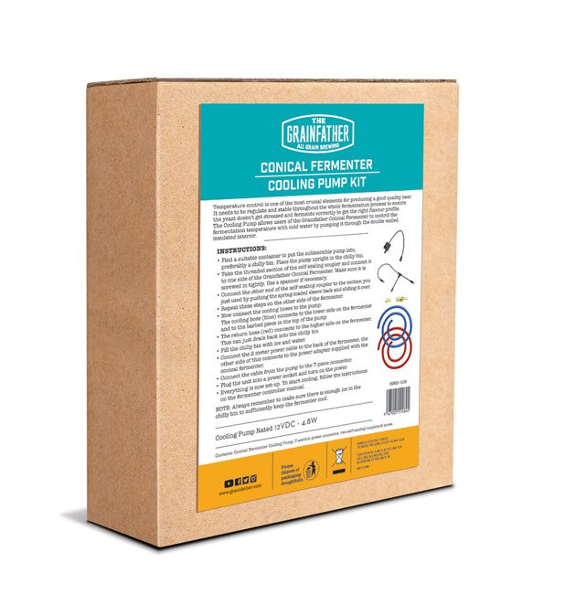 En brun eske merket Grainfather Cooling Pump Kit for Conical Fermenter viser bilder av settet, inkludert en nedsenkbar pumpe, med tydelige instruksjoner på baksiden.