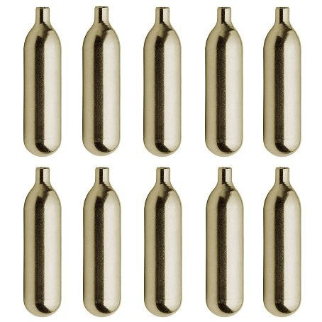 Ti Liss CO2 patroner uten gjenger 16g - 10 stk er ordnet i to horisontale rader på fem mot en hvit bakgrunn, perfekt for uKeg growlers.