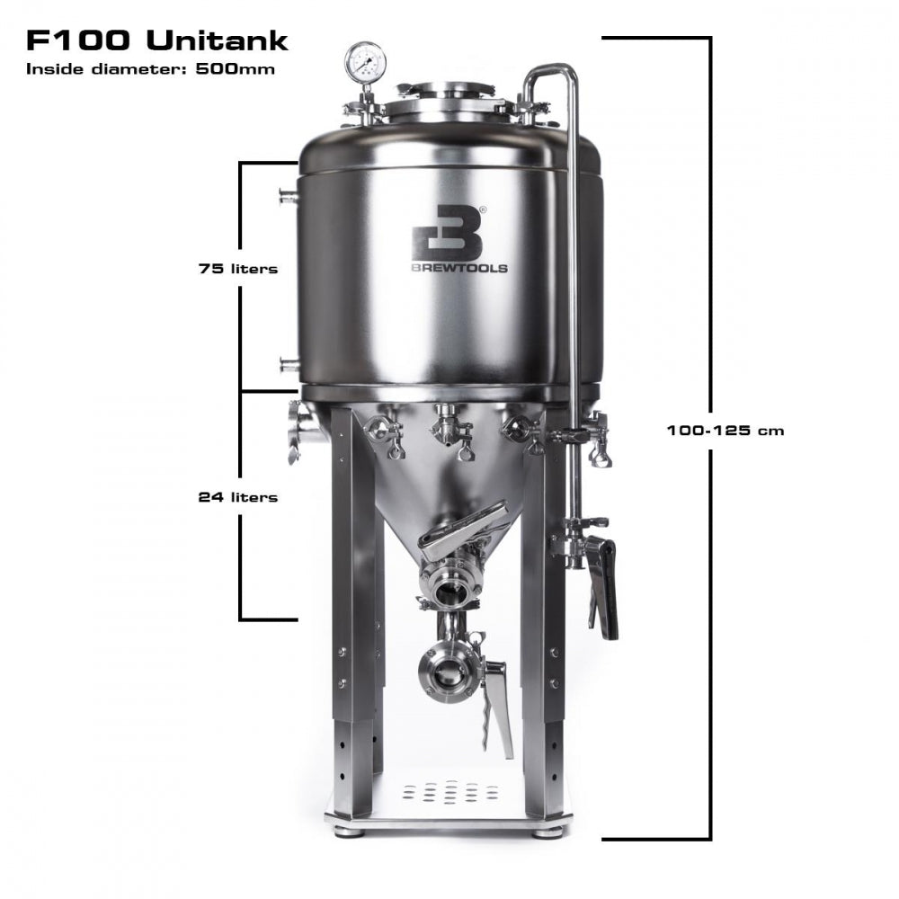 Brewtools F100 Unitank er en stor gjæringstank for profesjonelle hjemmebryggere, med kapasitetsangivelser på 24 l og 75 l, en innvendig diameter på 500 mm og en høyde på mellom 100 og 125 cm.