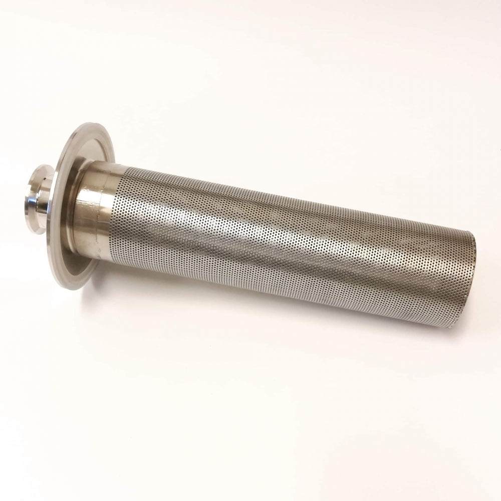 Brewshop 1,5" Tri-Clamp Inline Filter Lang (35cm) i rustfritt stål med perforert sylinder og flens, perfekt for hjemmebryggere - vist mot hvit bakgrunn.
