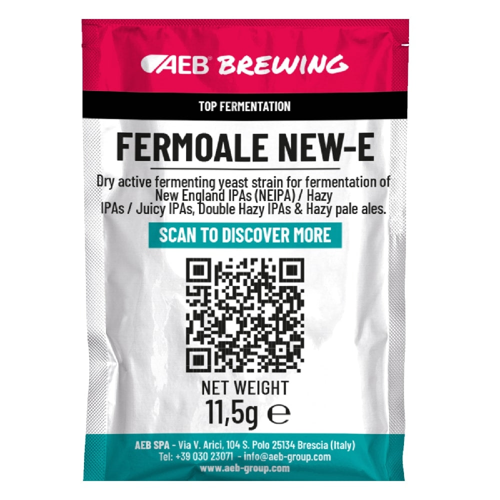 En 11,5 g pose med Fermoale New-E fra AEB Brewing (best før april 2026, men like god), ideell for toppgjæring i NEIPA og hazy IPAer.