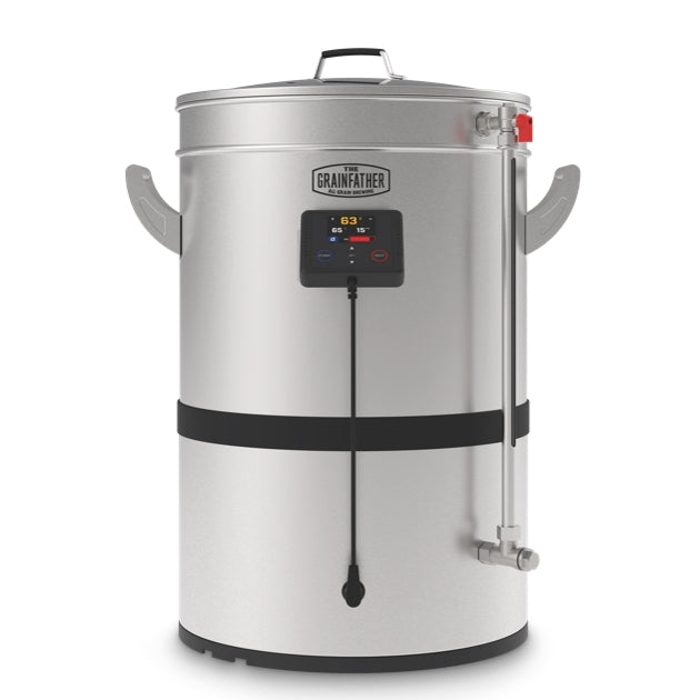 Grainfather G40 - helautomatisk bryggemaskin er en bryggemaskin i rustfritt stål fra Grainfather med digitalt kontrollpanel, sidehåndtak, trådløs WIFI-styring og topplokk. Grainfather-logoen vises på fronten.