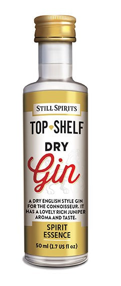 En 50 ml flaske SS Top Shelf Dry Gin - 50 ml essens fra Still Spirits, med gull og hvit emballasje, ideell for å blande en klassisk tørr engelsk gin med autentiske enebærtoner.