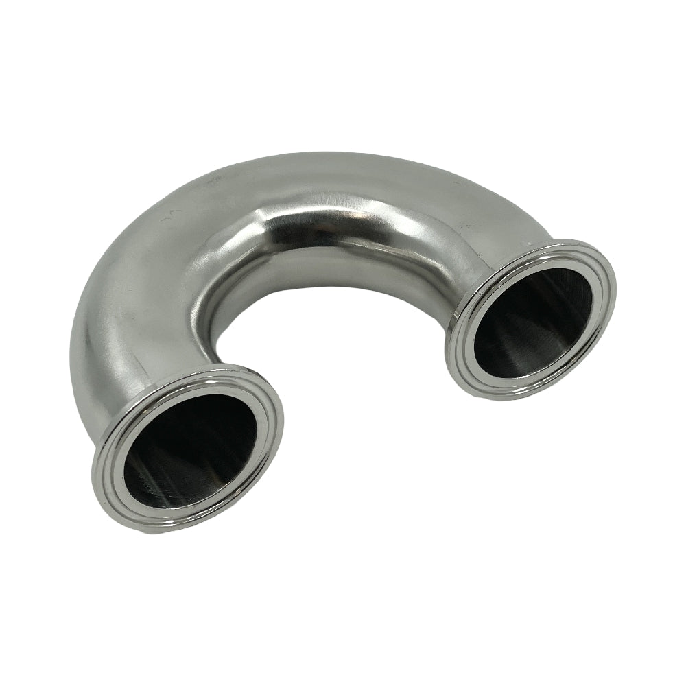 En 1,5" Tri-Clamp albue 180 grader i rustfritt stål fra Brewshop for 38mm rør, vist mot en hvit bakgrunn.