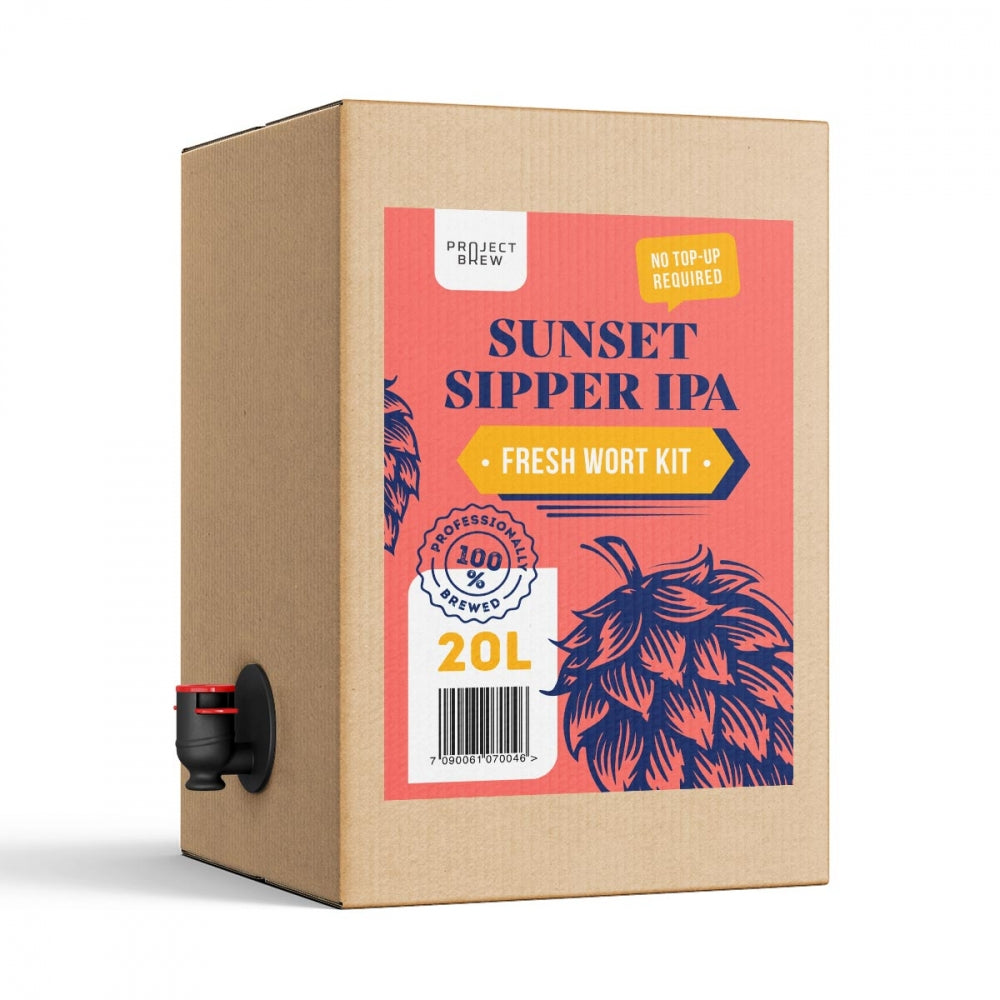 Austmann Sunset Sipper IPA - 20L Fresh Wort Kit inkluderer en tappekran og har en dristig rød, blå og oransje etikett med humleillustrasjoner - ideelt for fans av West Coast IPA-stilen.