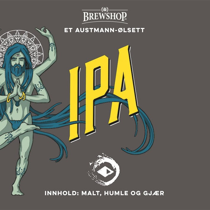 En stilisert blå, flerarmet figur i yogapositur vises ved siden av en fet, gul IPA-tekst med Brewshop Austmann IPA - allgrain ølsett, med norsk tekst under på en mørk bakgrunn.