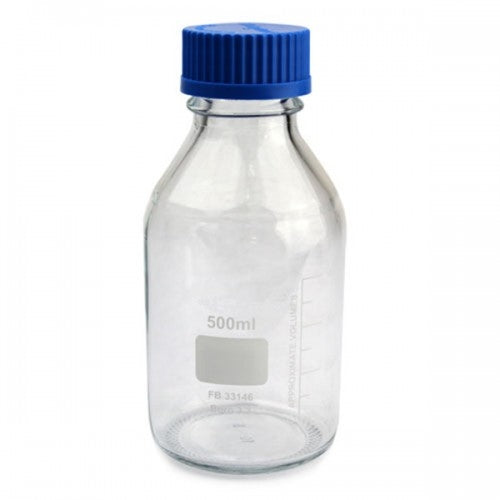 VWR Flaske 1000ml laget av 3.3 borosilikatglass med blå kork, har tydelige målemerkinger på siden.
