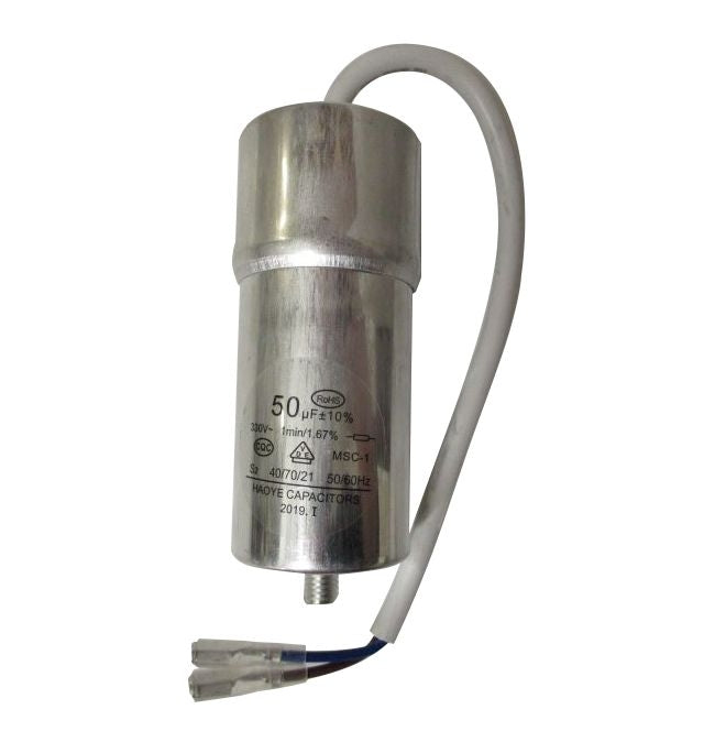 En Lindr-startkondensator for B30N, sylindrisk metall med hvit ledning, merket 50μF, 450V og 2019.