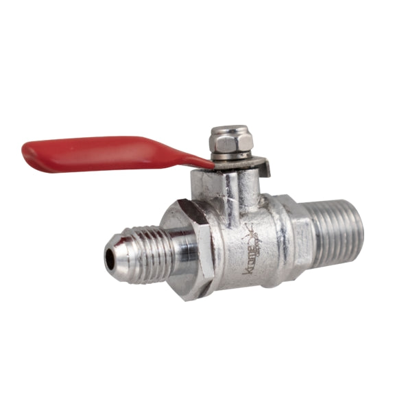 Krome Dispense Stengeventil med tilbakeslagsventil, 1/4" NPT x 1/4" MFL, har et rødt spakhåndtak og gjengede hannkoblinger, vist mot en hvit bakgrunn.