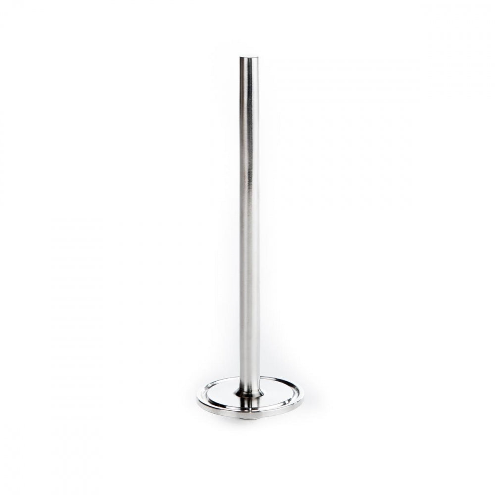 En frittstående tørkepapirholder i rustfritt stål med en sirkulær base er vist på en hvit bakgrunn, som gjenspeiler den elegante designen til Brewtools TC 1,5" Thermowell 160 mm.